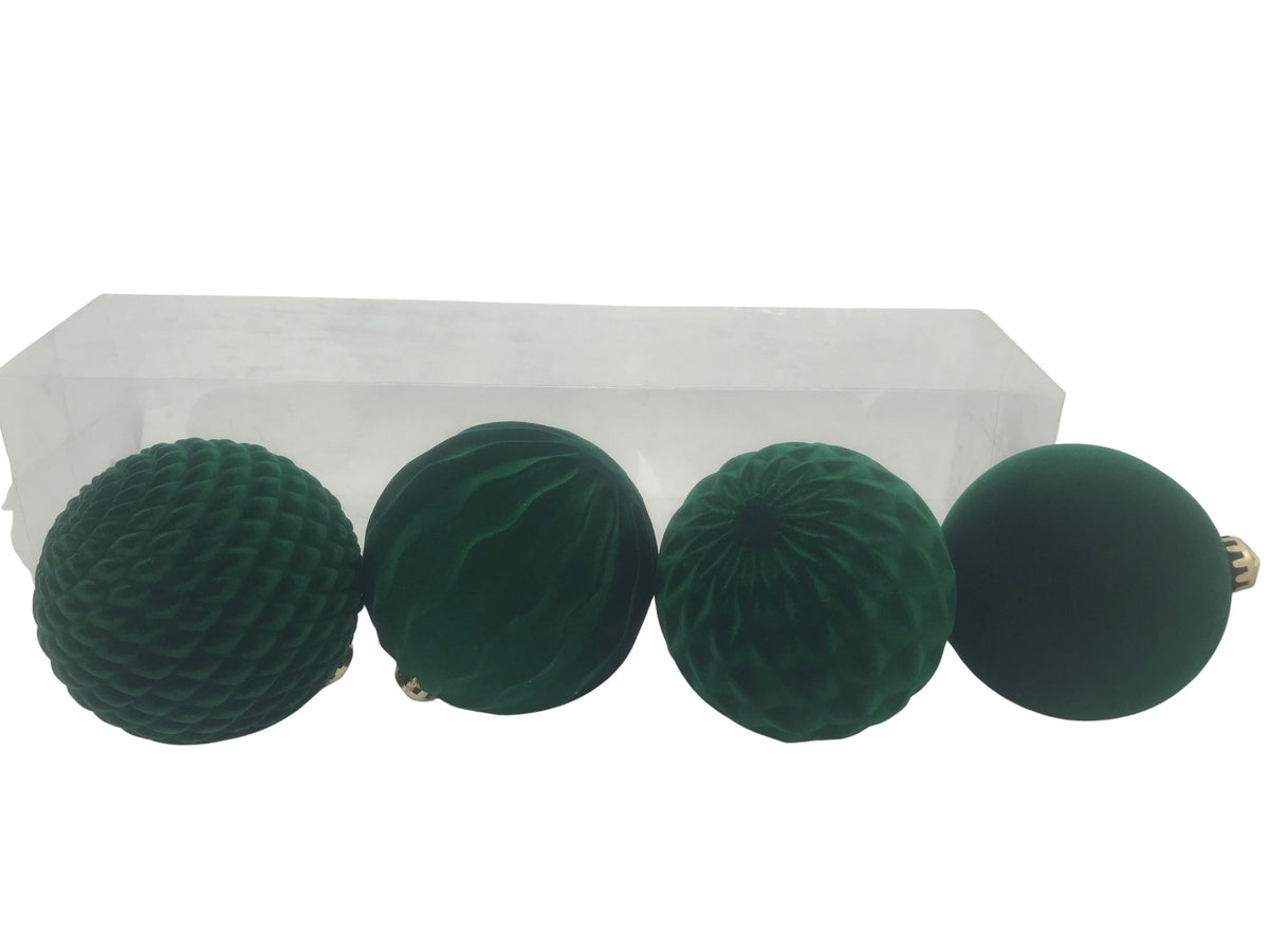 DO-HOME - Palle Natalizie 4 Pz Effetto Velluto Verde In Plastica D.12 Cm Design Assortiti In Scatola Trasparente