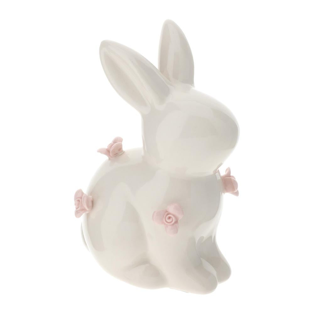 HERVIT - Coniglio Porcellana 10Cm Bianco Con Fiori Rosa
