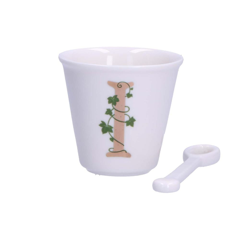 PORCELANA BLANCA - Vaso De Café Individual Con Cuchara 75 Cc Letra I