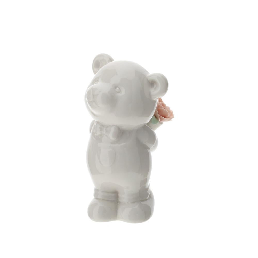 HERVIT - White Porcelain Teddy Bear 10 Cm With Flowers