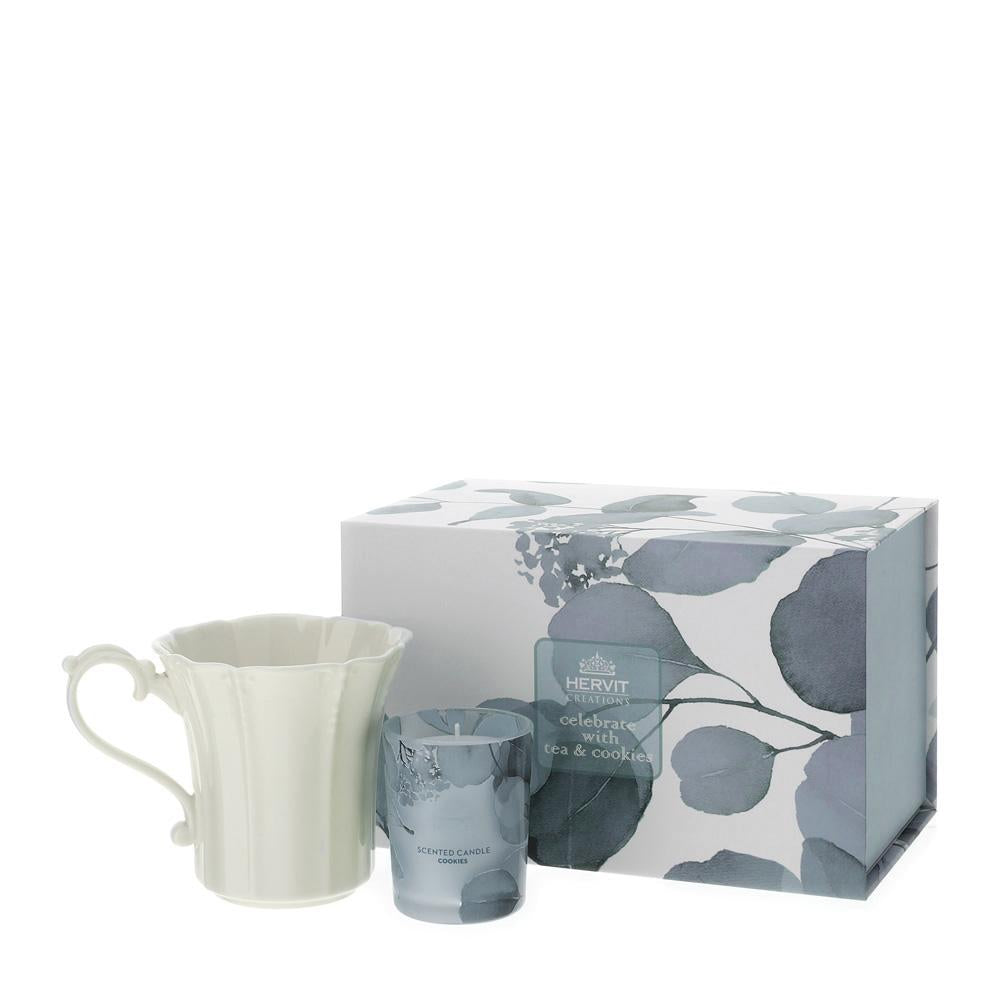 HERVIT - 70G Candle+Mug Blue Botanic Porcelain Set