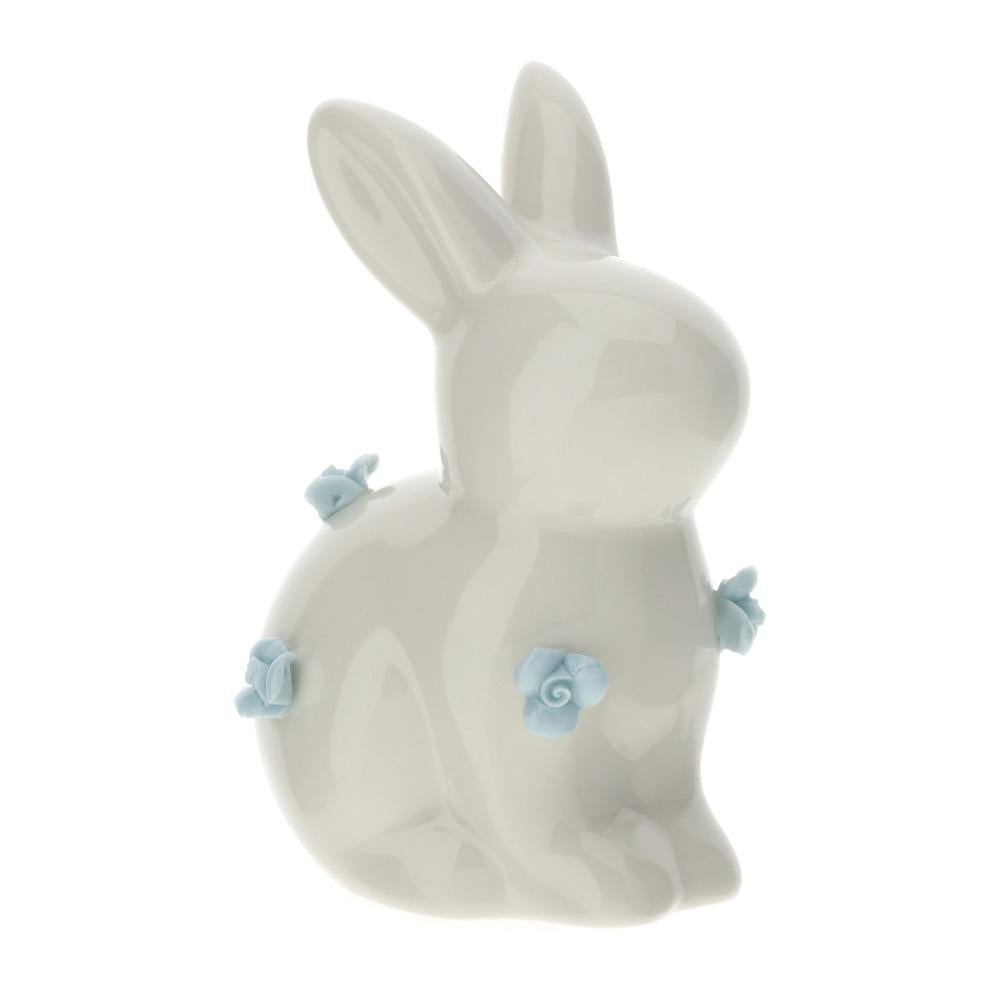 HERVIT - Conejo de porcelana 10 cm blanco con flores azules