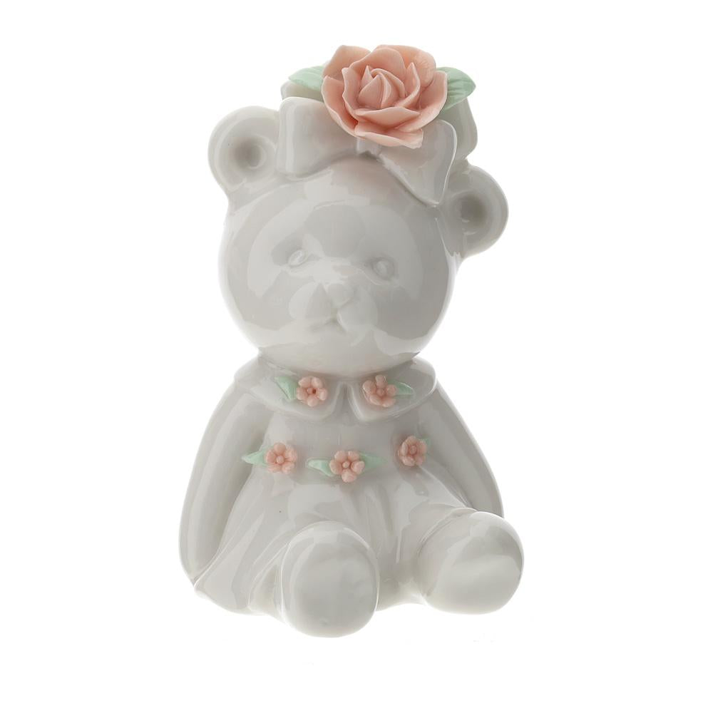 HERVIT - Porcelain Bear Sitting White 9 Cm W/Rose