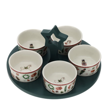 HERVIT - Set 5 Ciotole Cer.X'Mas B.Legno Dia.25Cm