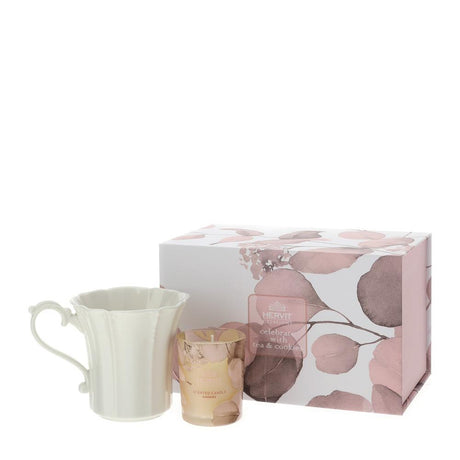 HERVIT - Set Vela 70G + Taza Porc.Botanic Rosa