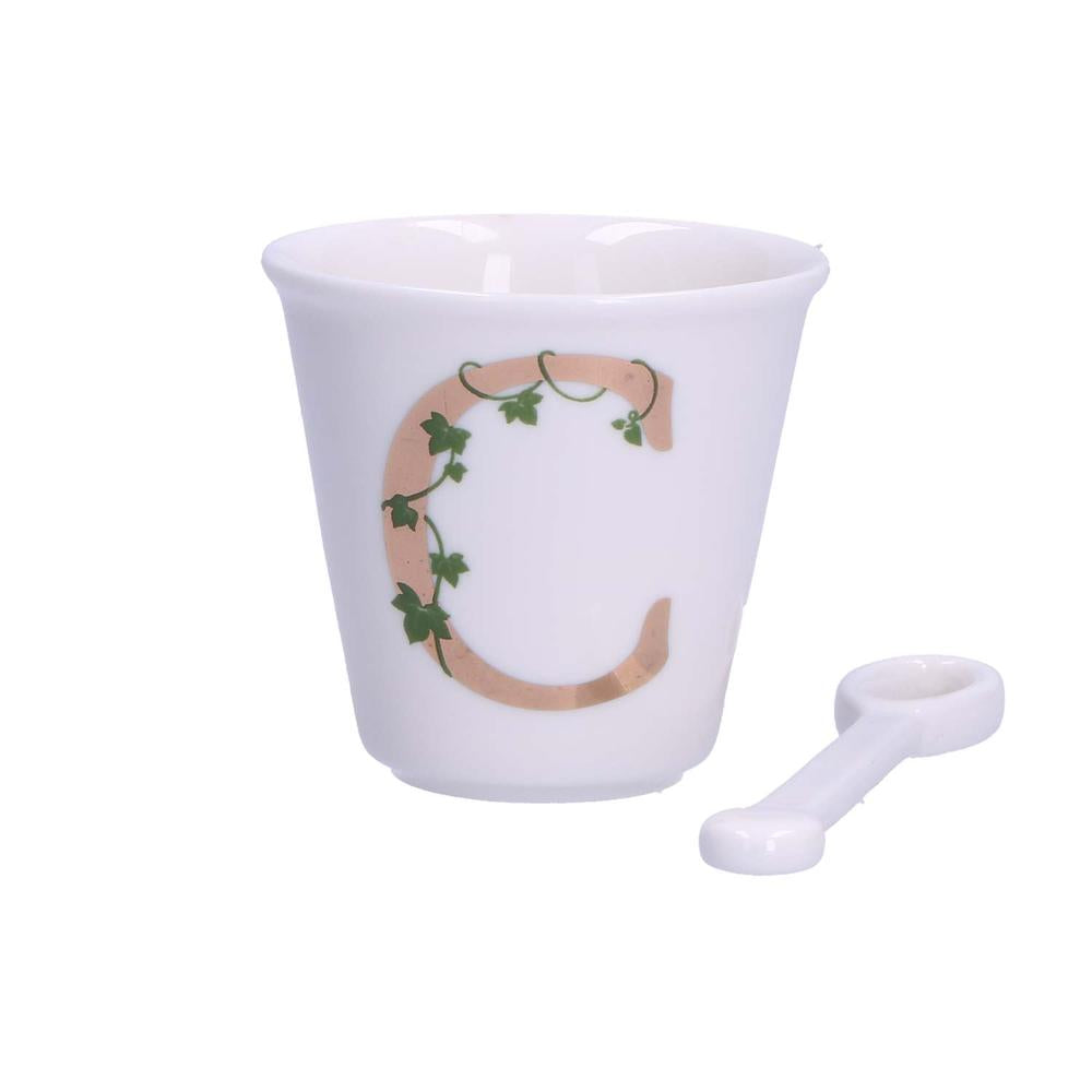 PORCELANA BLANCA - Vaso De Café Individual Con Cuchara 75 Cc Letra C