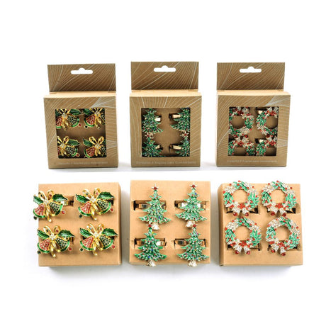 DO-HOME - Portatovaglioli Natalizi Con Perline 4 Pz In Metallo 5X5Xh.5 Cm Design Assortiti In Scatola Avana Appenderia