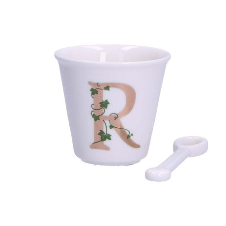WHITE PORCELAIN - Single Coffee Glass With Spoon 75 Cc Letter R