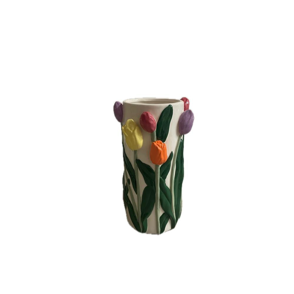 EDG - Vaso Tulip Cilindro In Ceramica Dipinto A Mano 23X14 Cm