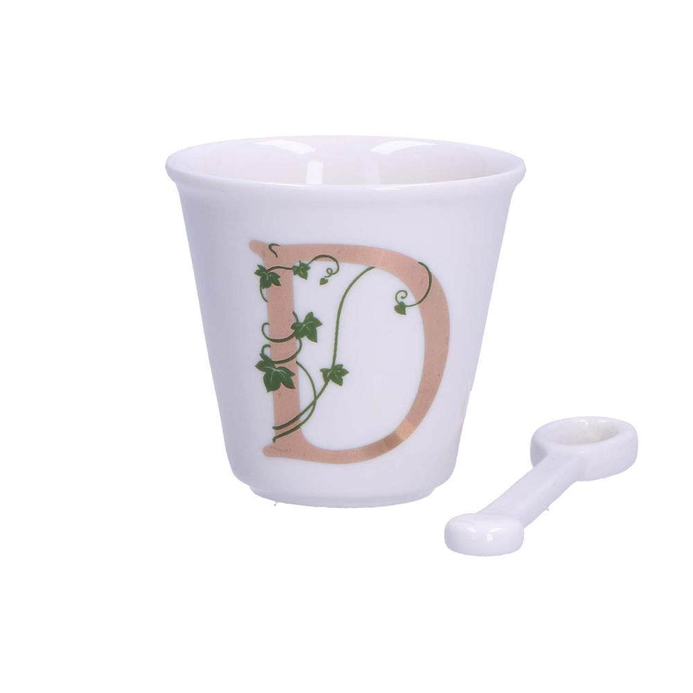 PORCELANA BLANCA - Vaso De Café Individual Con Cuchara 75 Cc Letra D