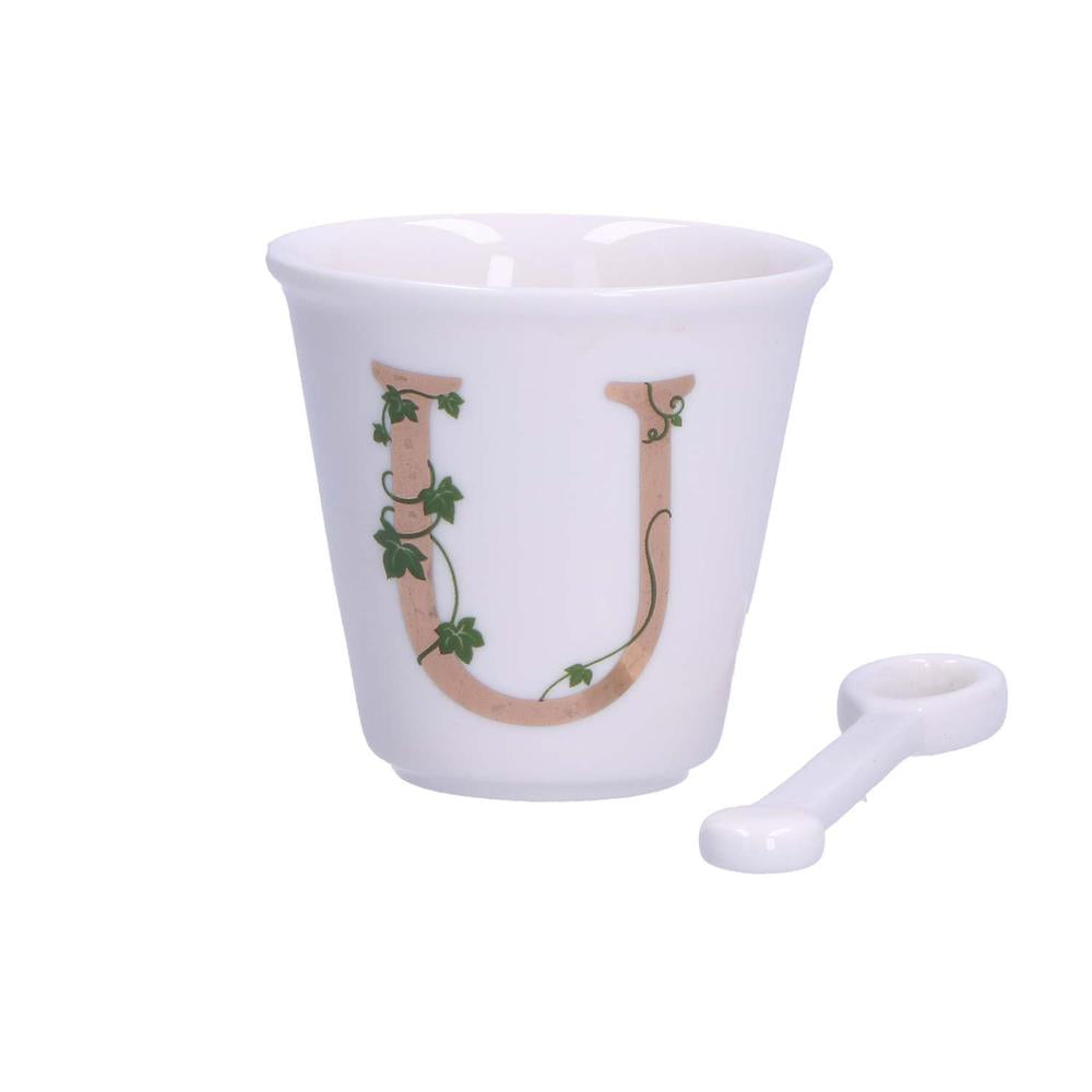 PORCELANA BLANCA - Vaso De Café Individual Con Cuchara 75 Cc Letra U