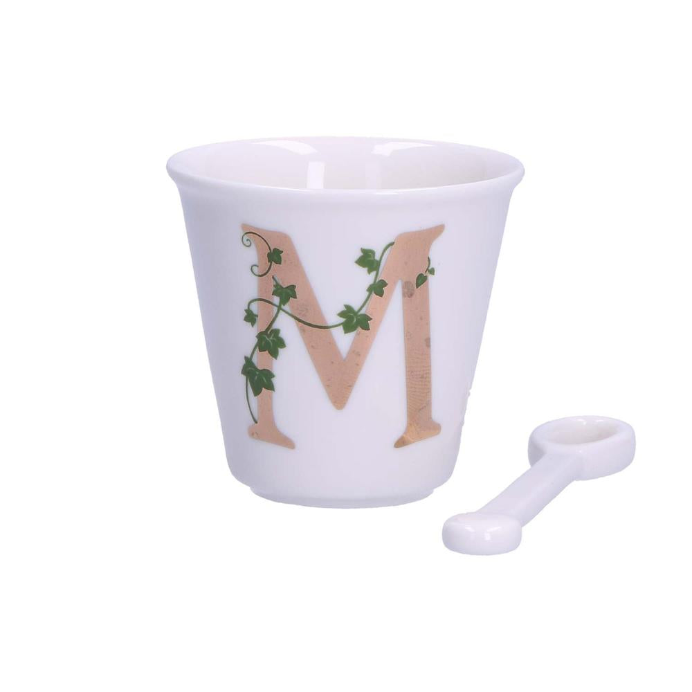 PORCELANA BLANCA - Vaso De Café Individual Con Cuchara 75 Cc Letra M