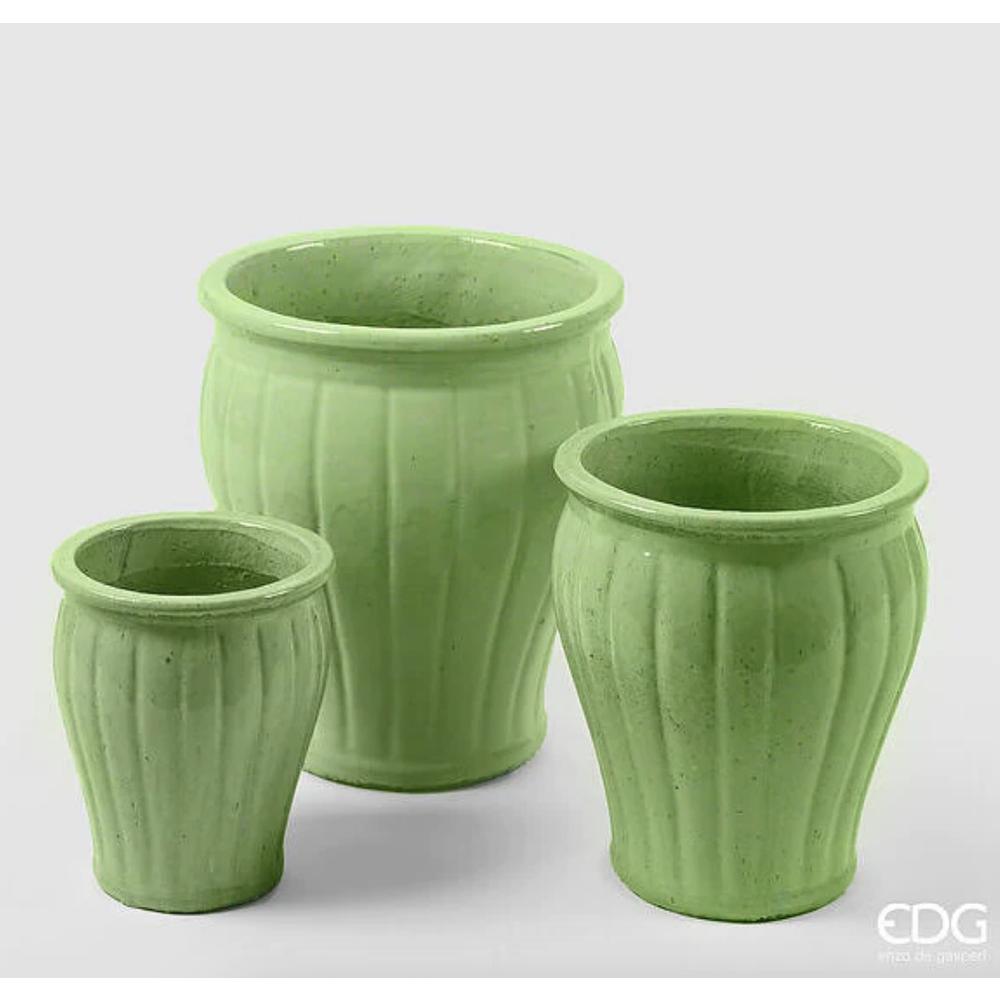 EDG - Glaze Striped Flared Vase in Light Green Ceramic 25.5X23.5 Cm [Small]