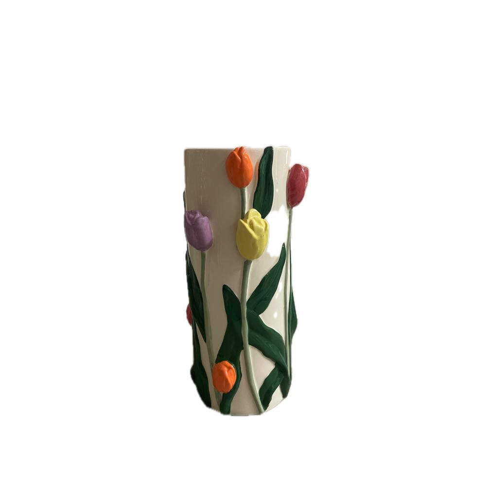 EDG - Vaso Tulip Cilindro In Ceramica Dipinto A Mano 28X14,5 Cm