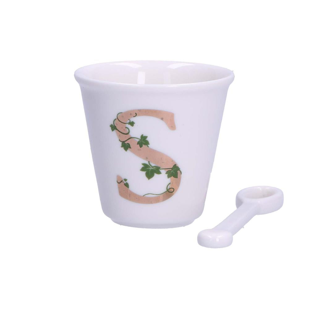 PORCELANA BLANCA - Vaso De Café Individual Con Cuchara 75 Cc Letra S