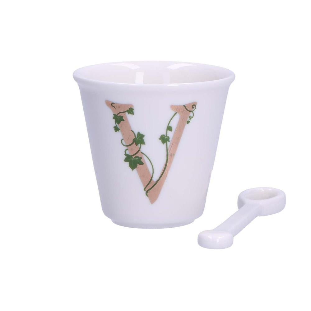 PORCELANA BLANCA - Vaso De Café Individual Con Cuchara 75 Cc Letra U