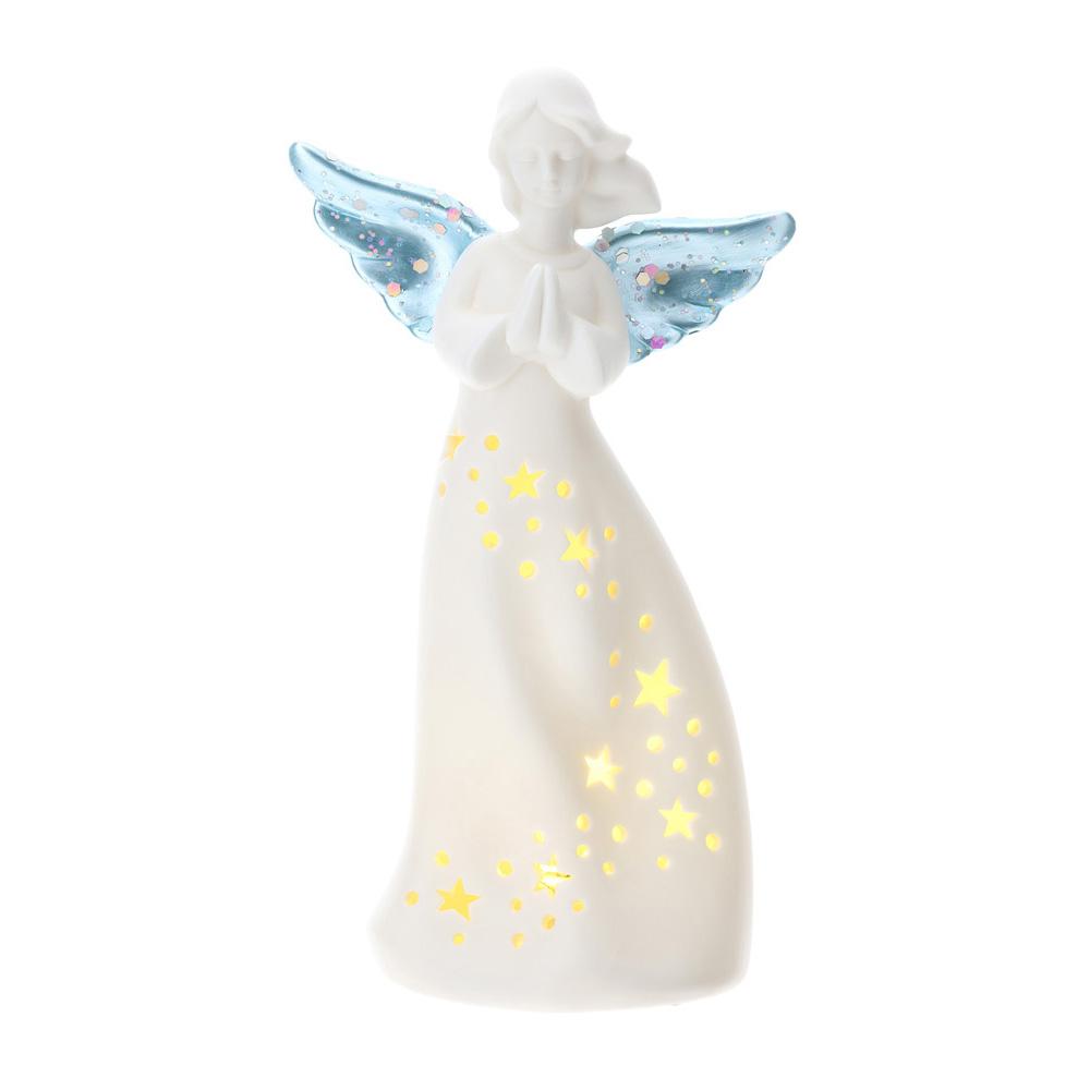 HERVIT - Perforated Porcelain Angel 18Cm LED Light Blue Wings