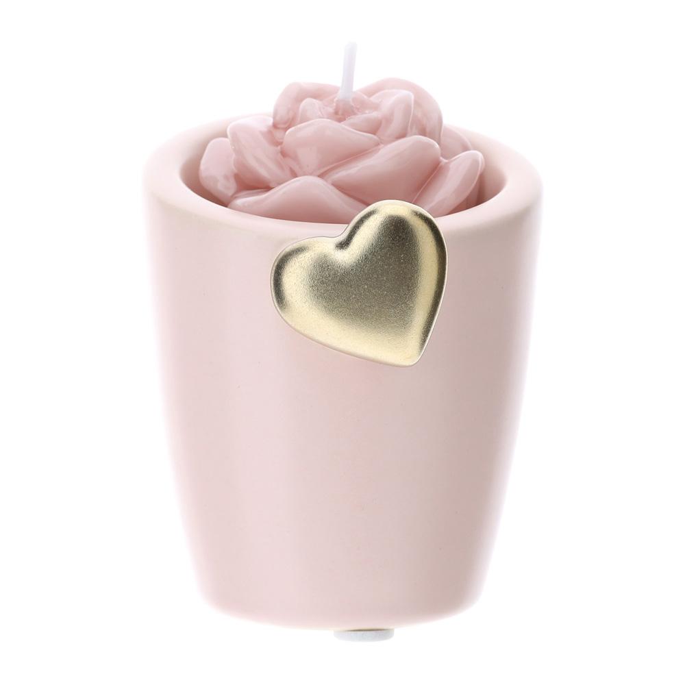 HERVIT - Pink Stoneware Candle Holder 8cm Gold Heart