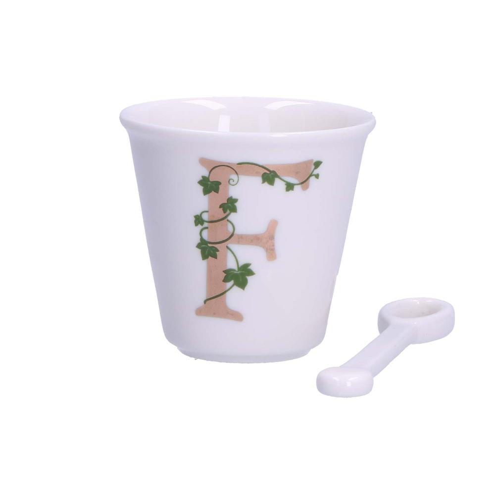 PORCELANA BLANCA - Vaso De Café Individual Con Cuchara 75 Cc Letra F