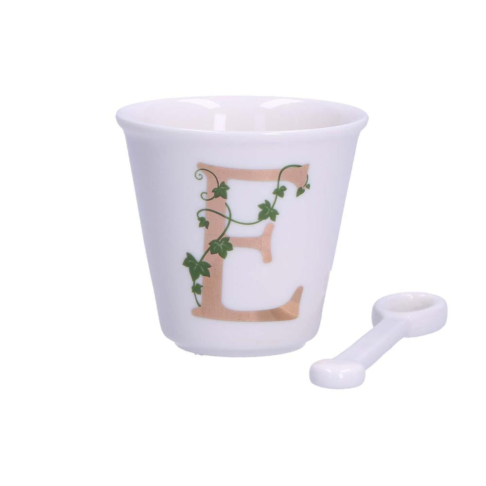 PORCELANA BLANCA - Vaso De Café Individual Con Cuchara 75 Cc Letra E