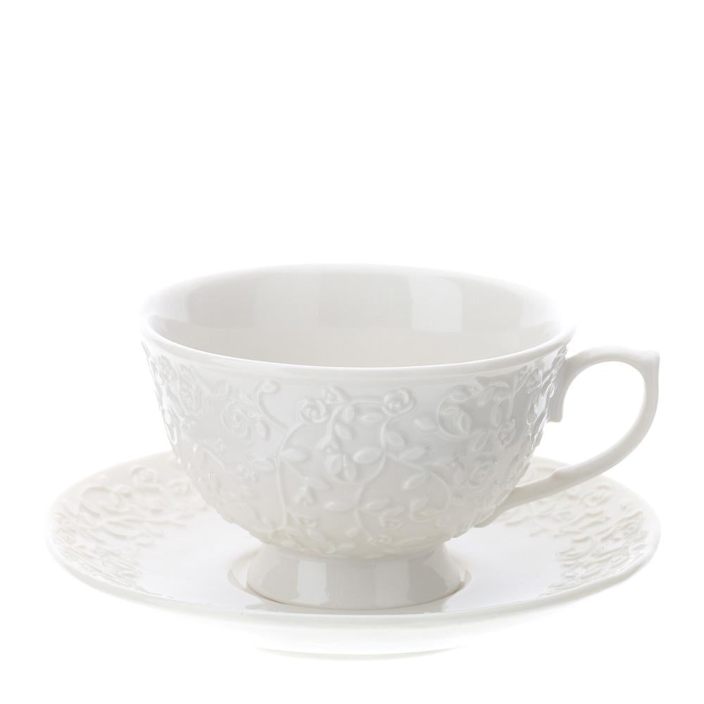 HERVIT - Taza de té Romance de porcelana blanca 10,5X6 cm