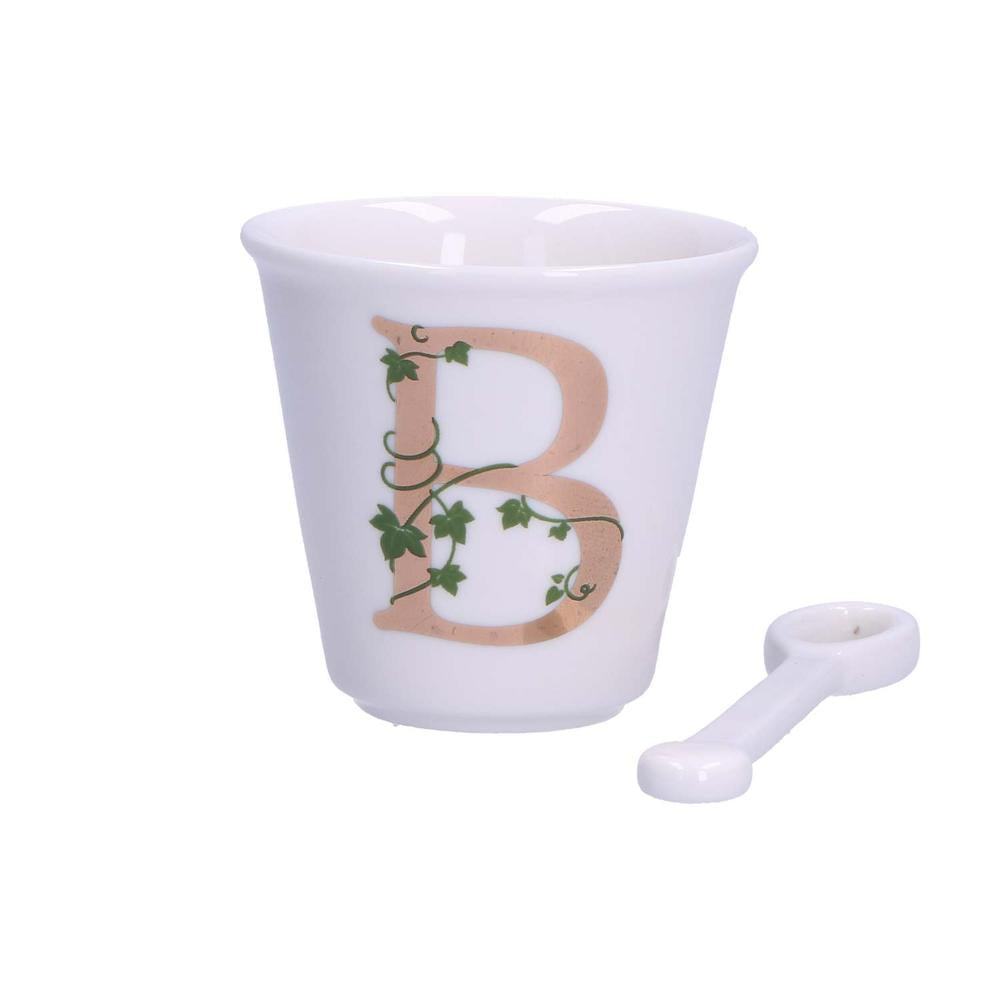 PORCELANA BLANCA - Vaso De Café Individual Con Cuchara 75 Cc Letra B