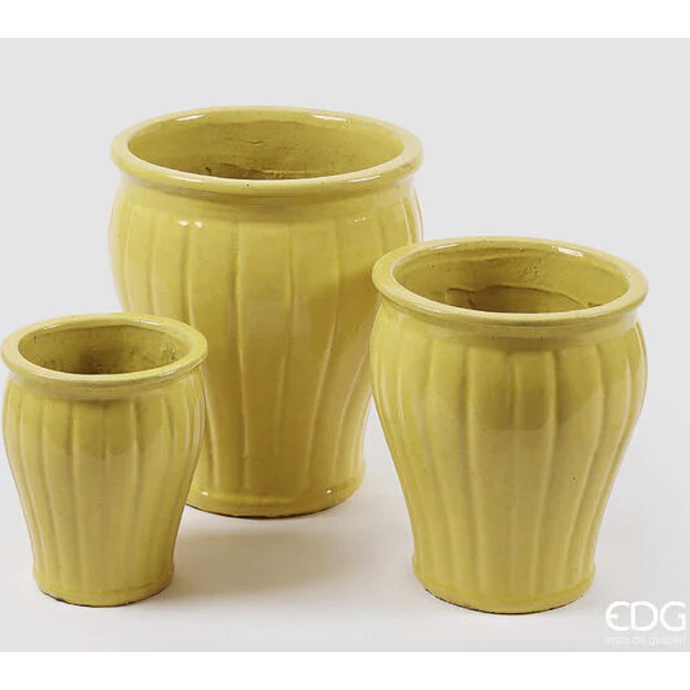 EDG - Jarrón acampanado a rayas esmaltadas de cerámica amarilla 25,5 x 23,5 cm [pequeño]