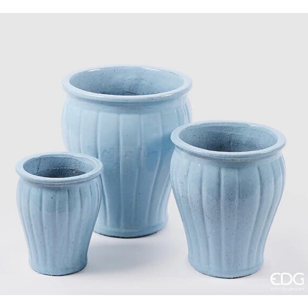 EDG - Vaso Glaze Righe Svasato In Ceramica Celeste 25,5X23,5 Cm [Piccolo]